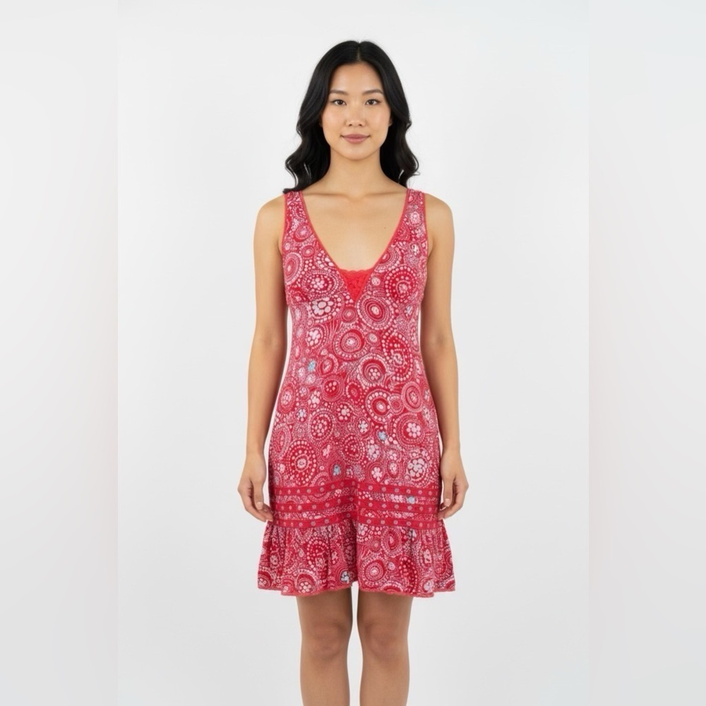 Free People Red Multi Printed Boho Tank Mini Dress Sz 2